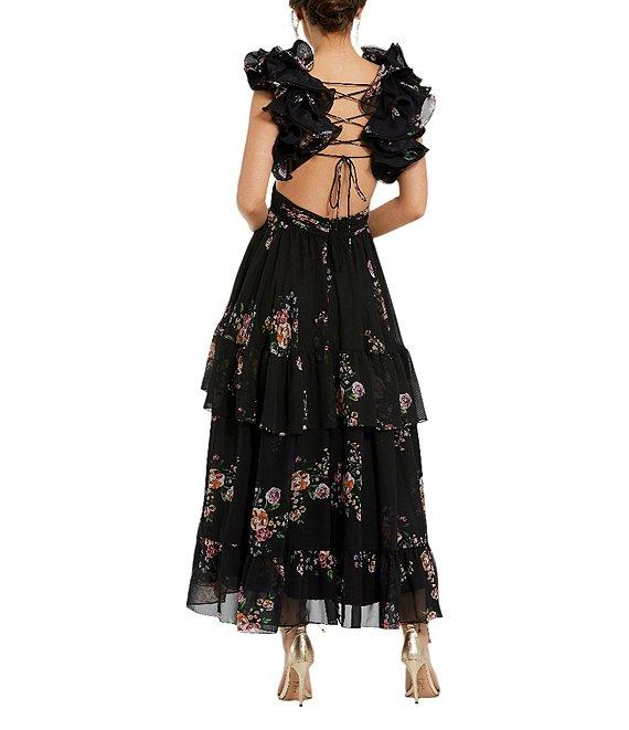 Mac Duggal V-neck Ruffle Shoulder Cut Out Tiered Hem Aline Midi Dress Product Image