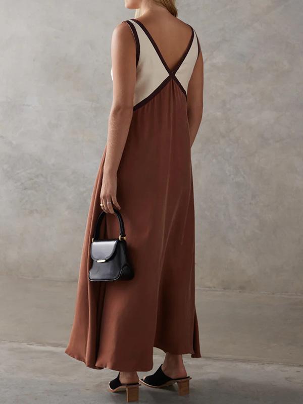 Loose Sleeveless Contrast Color Split-Joint Deep V-Neck Maxi Dresses Product Image