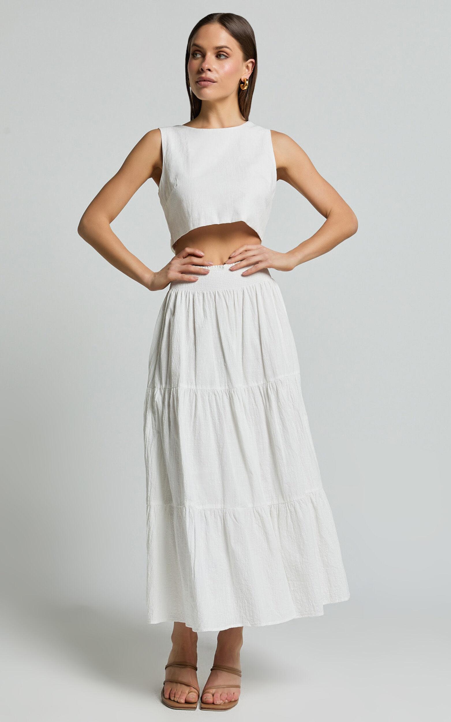 Ruby Midi Skirt - Shirred High Waist Cotton Tiered Skirt in Off White Product Image