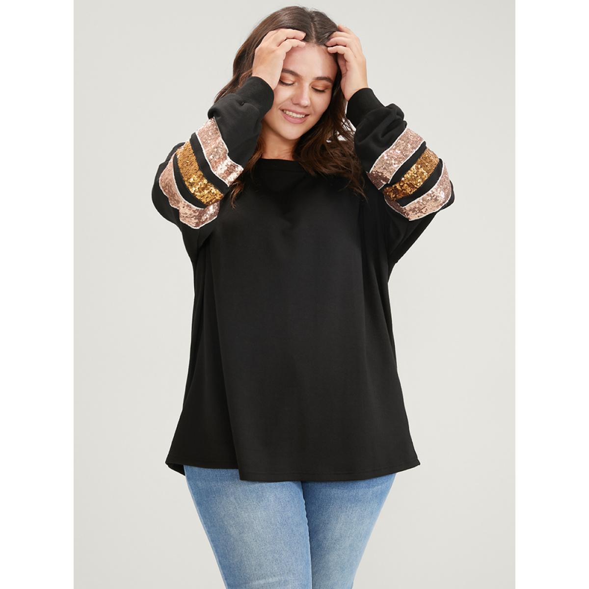 Plus Size Solid Contrast Patchwork Drop Shoulder Sweatshirt Women Black Casual Patchwork Round Neck Dailywear Sweatshirts BloomChic 10/M Product Image