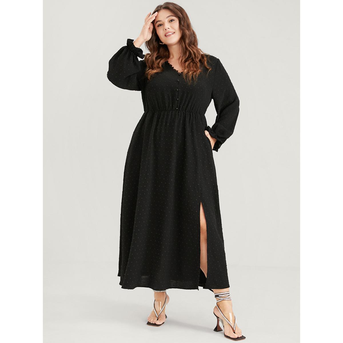 Plus Size Solid Pocket Button Lantern Sleeve Lace Trim Split Maxi Dress Black Women Elegant Gathered V-neck Long Sleeve Curvy Long Dress BloomChic 14-16/1X Product Image