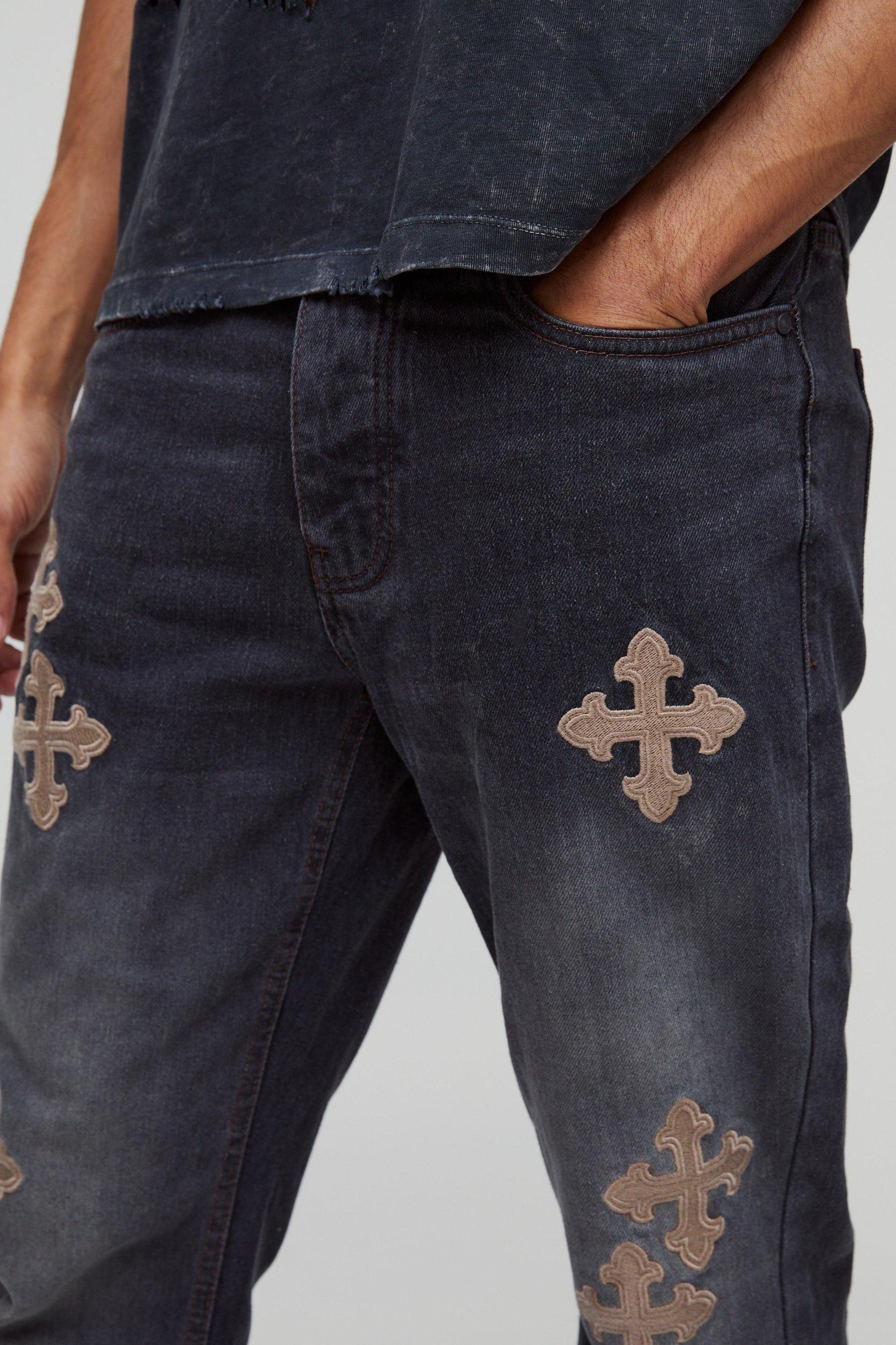 Slim Rigid Flare Cross Embroidered Jeans | boohooMAN USA Product Image