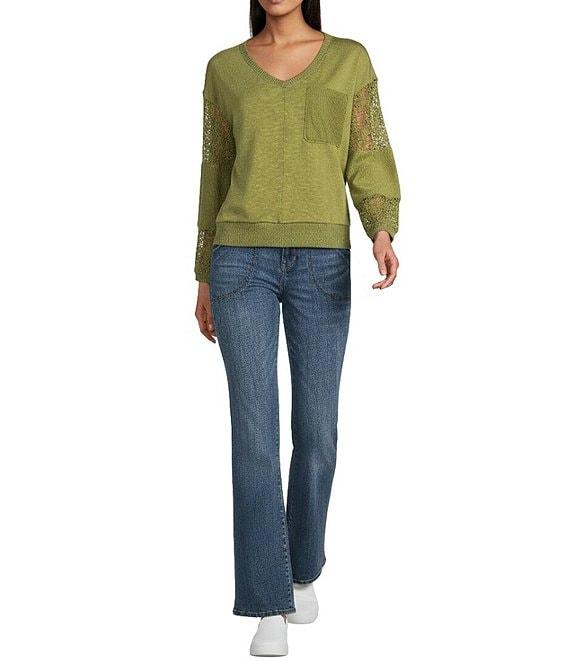 Nurture Petite French Terry Lace & Rib V-Neck Drop Shoulder Front Pocket Knit Pullover Product Image