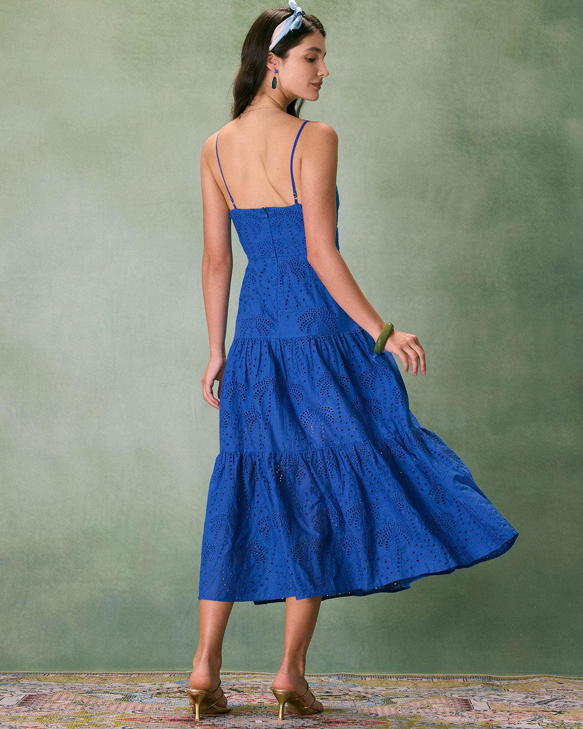 The Blue Sweetheart Neck Embroidery Slip Midi Dress Product Image