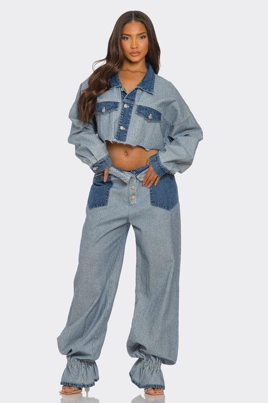 Cropped Contrast Denim Set Product Image