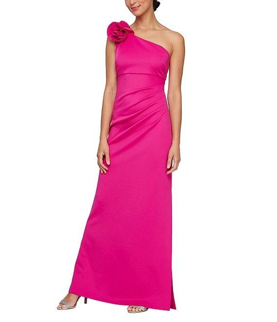 Ignite Evenings One Shoulder Flower Detail Ruched Waist Side Slit Sheath Maxi Dress Product Image