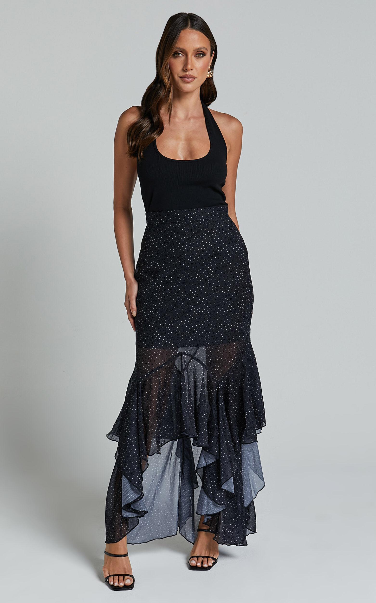 Artemisia Maxi Skirt - Frill Detail Sheer High Low Skirt in Black Polka Product Image