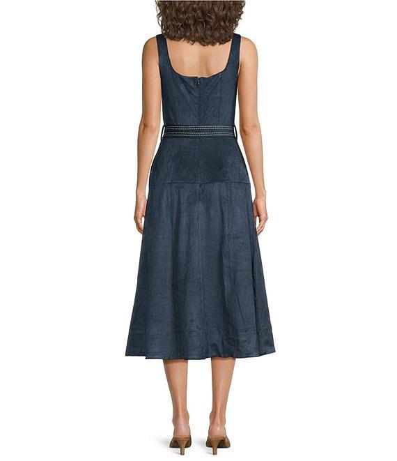 En Saison Robin Vegan Suede Sweetheart Neck Sleeveless Blanket Stitch Belted Midi Dress Product Image