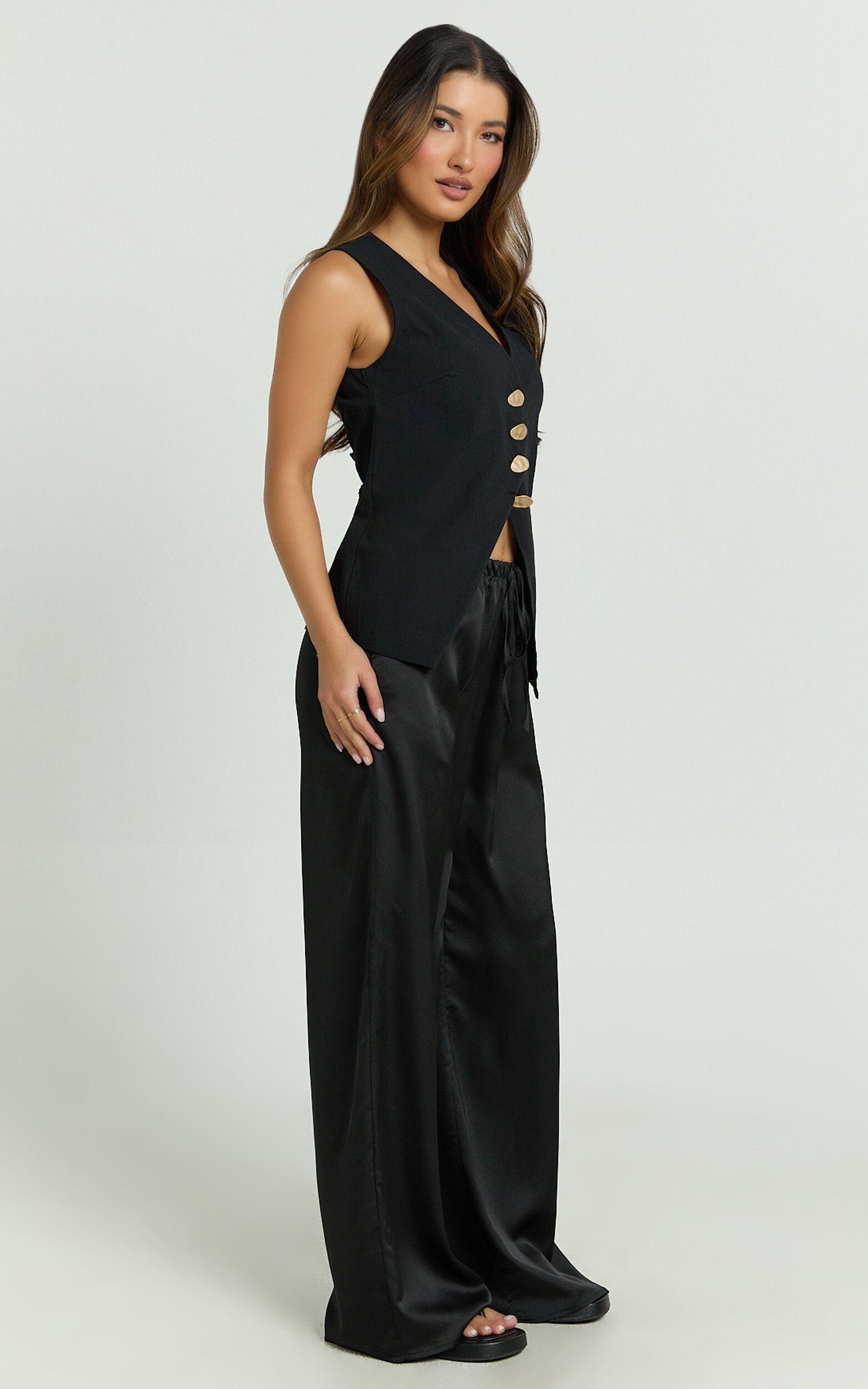 Myrna Two Piece Set - Gold Hardware Waistcoat Top and Relaxed Satin Pants Set in Black Product Image