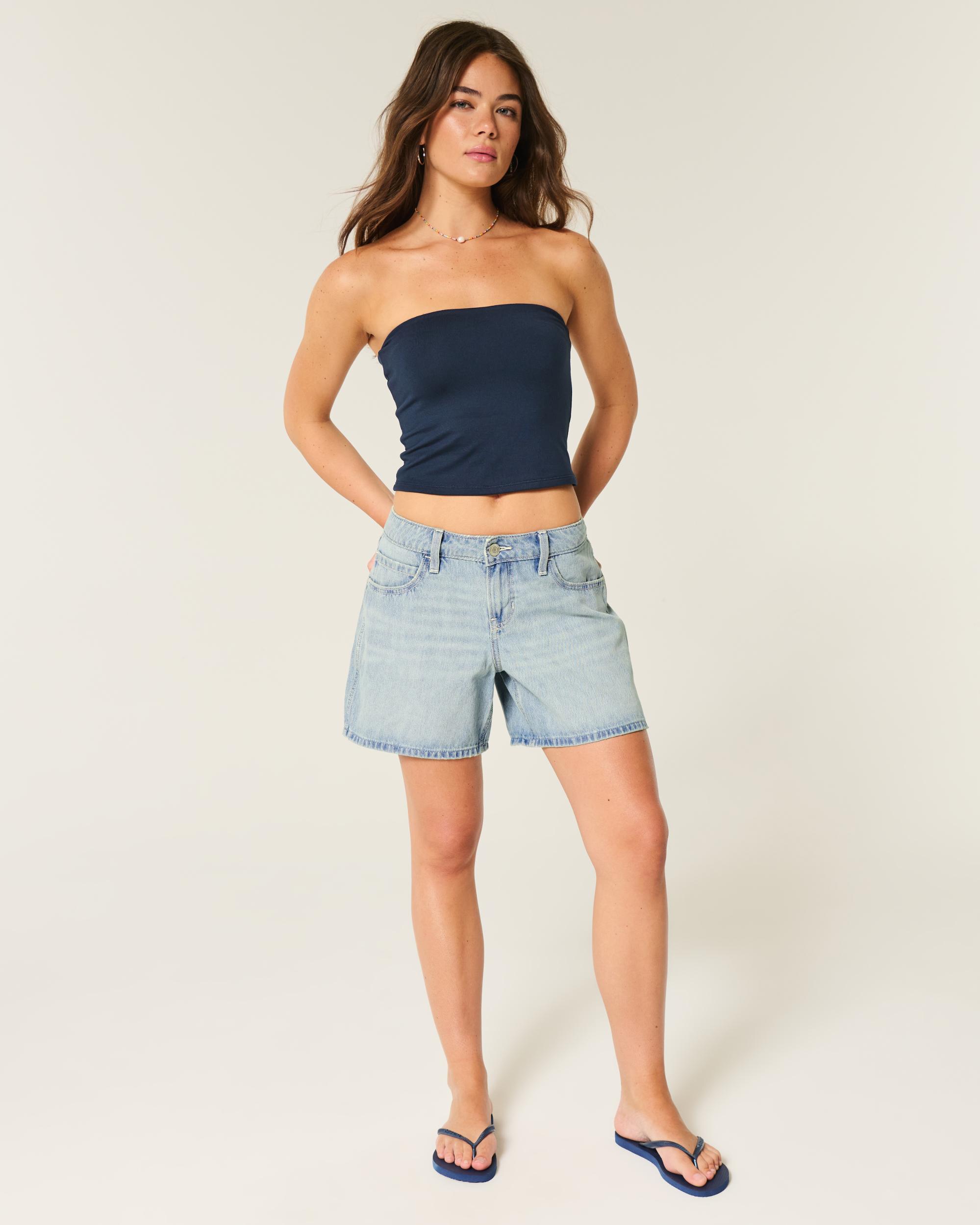 Low-Rise Dark Wash Baggy Denim Shorts 5" Product Image