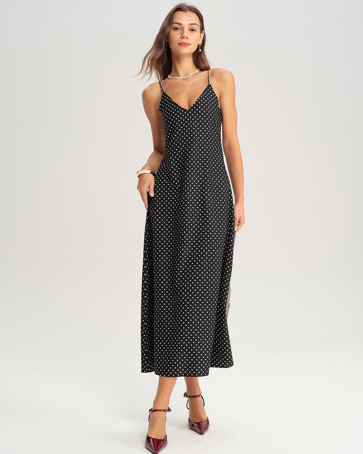 Black Polka Dot Slip Midi Dress Product Image