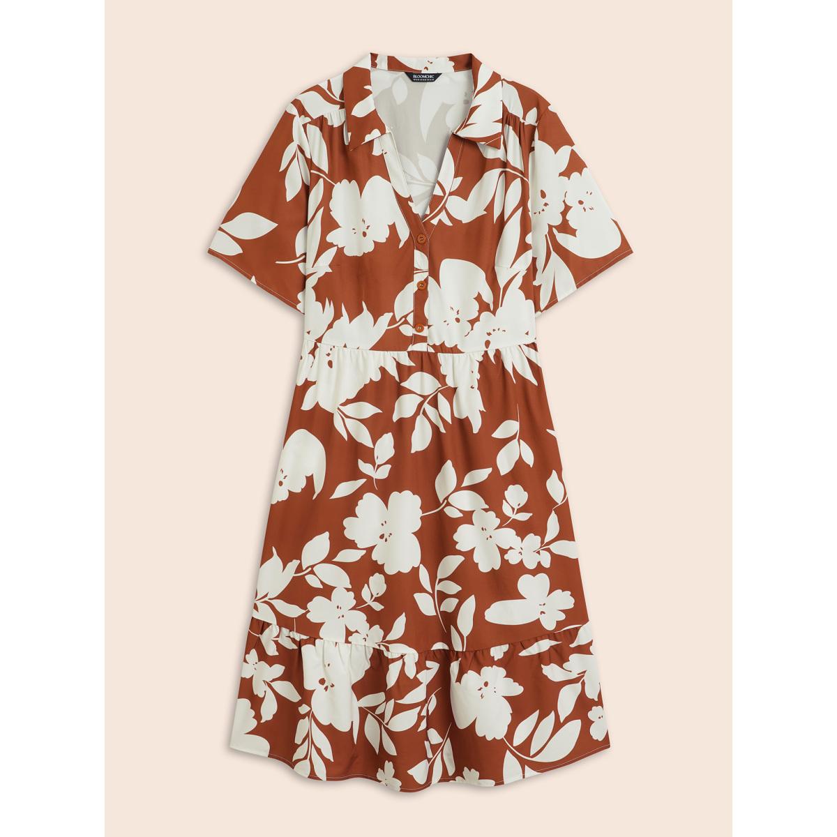 Plus Size Silhouette Floral Print Button Detail Midi Dress Russet Women Elegant Button Shirt collar Short sleeve Curvy BloomChic 26/4X Product Image