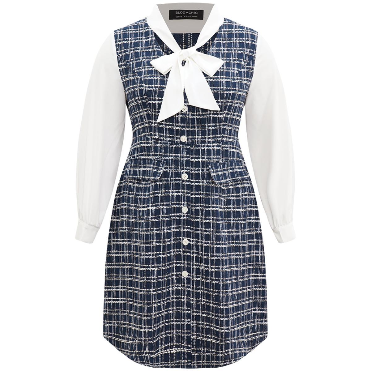 Plus Size Plaid Patchwork Pocket Button Detail Ties Dress DarkBlue Women Elegant Cross straps Tie Neck Long Sleeve Curvy Midi Dress BloomChic 22-24/3X Product Image