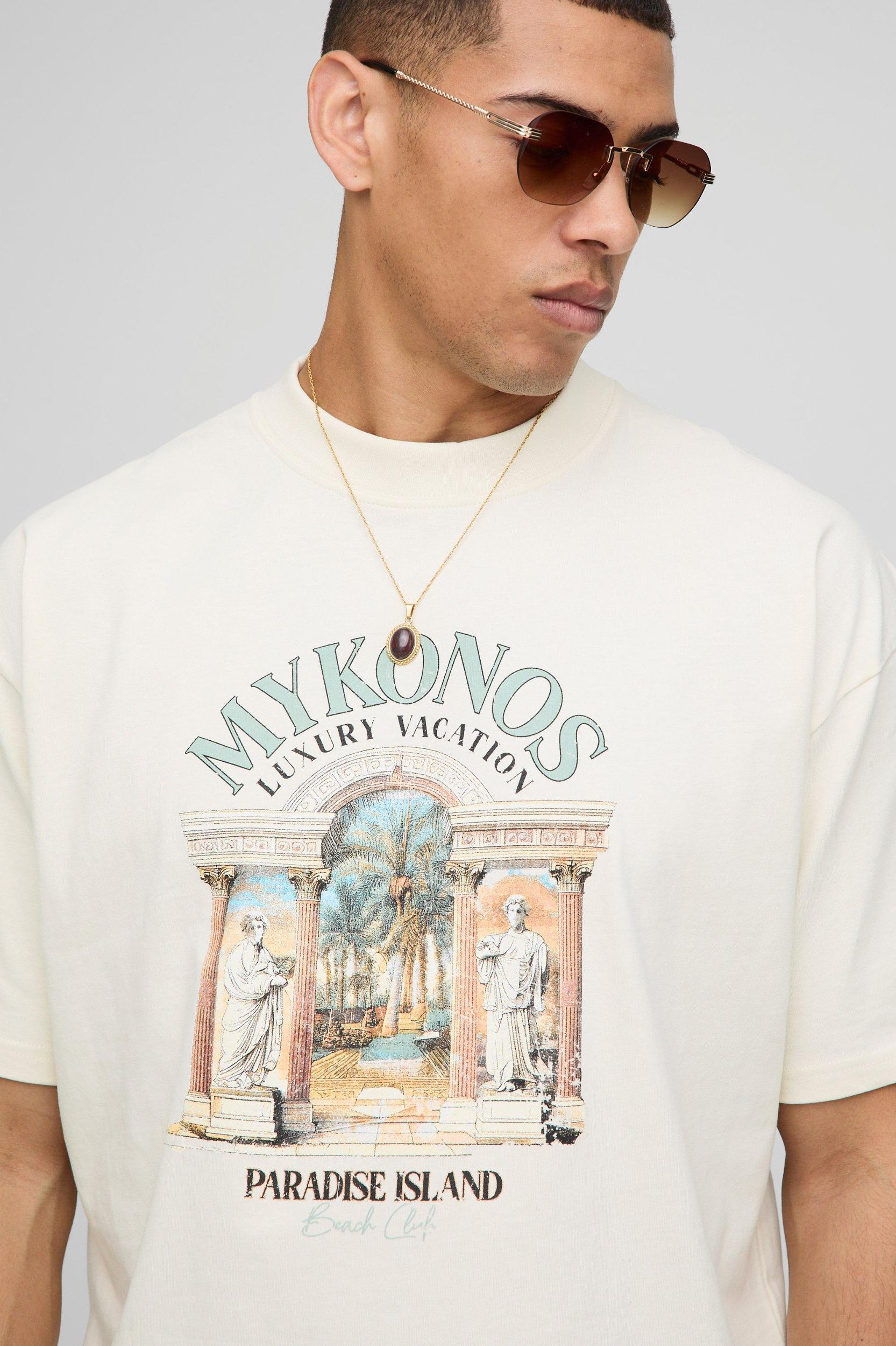 Ecru Oversized Extended Neck Mykonos Paradise Island Graphic T Shirt | boohooMAN USA Product Image