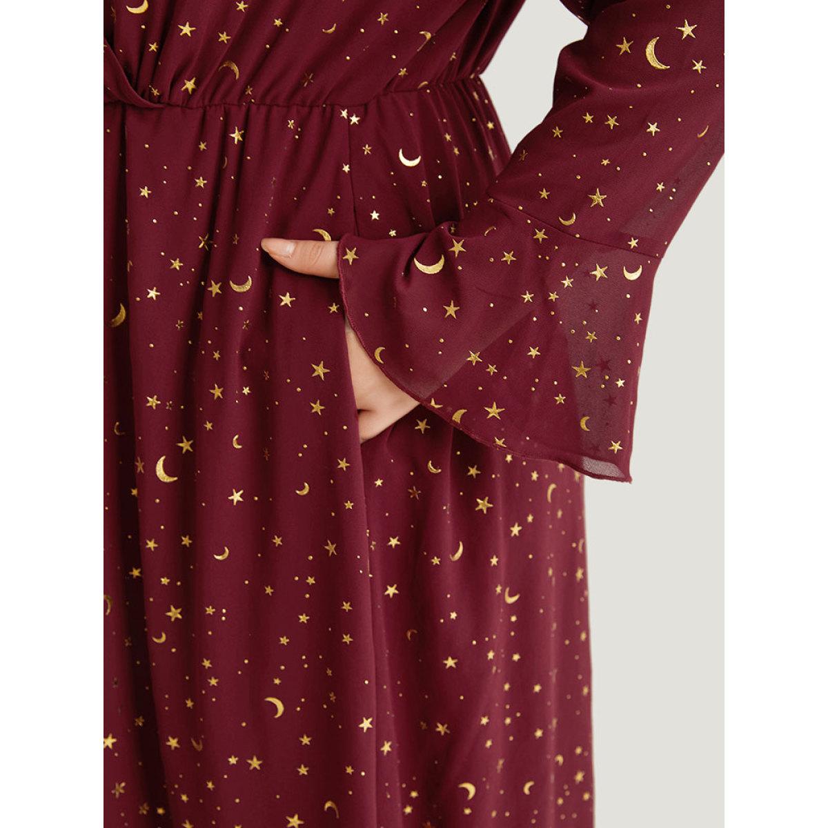 Plus Size Moon & Star Glitter Surplice Neck Bell Sleeve Dress Burgundy Women Party Printed V-neck Long Sleeve Curvy Midi Dress BloomChic 28/5X Product Image