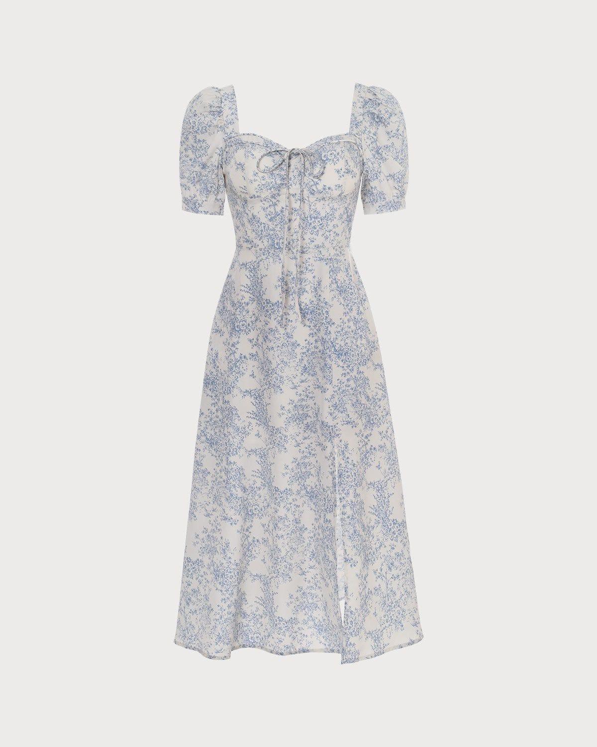 The Blue Sweetheart Neck Puff Sleeve Floral Midi Dress Product Image