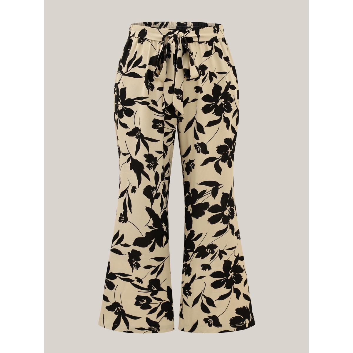 Plus Size Silhouette Floral Print Ties Side Seam Pocket Pants Women Champagne Elegant Wide Leg High Rise Everyday Pants BloomChic 10/M Product Image