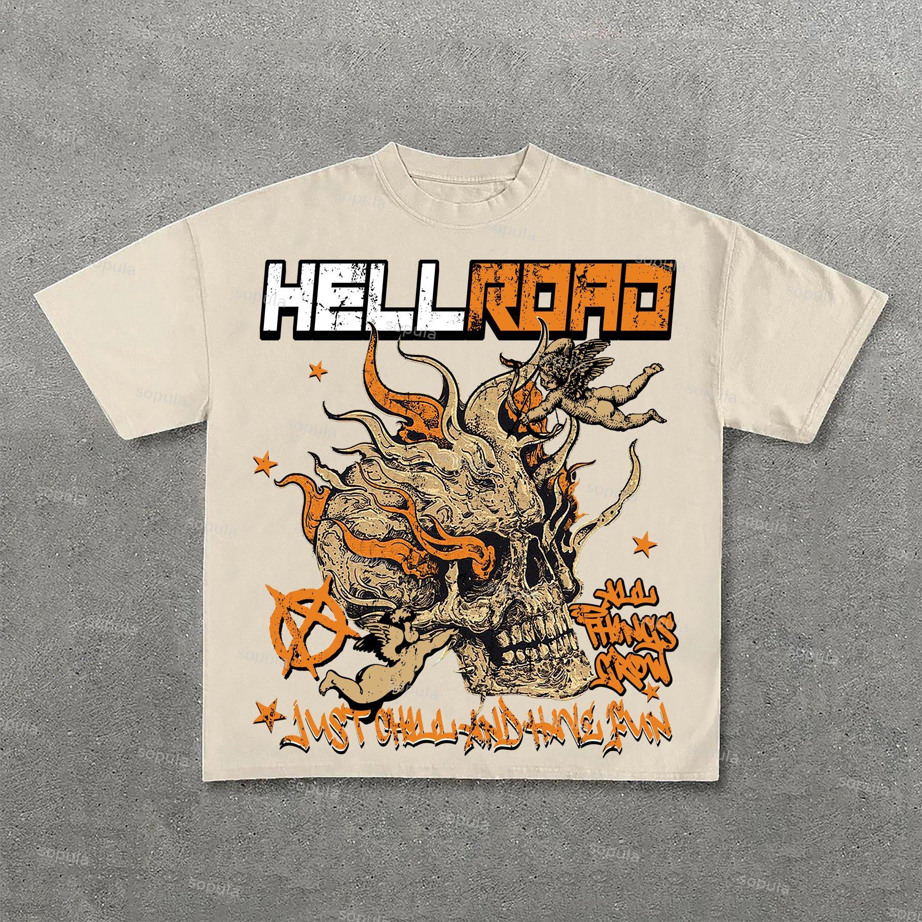 Sopula Hell Road Flame Skull Angel Print Cotton T-Shirt Product Image