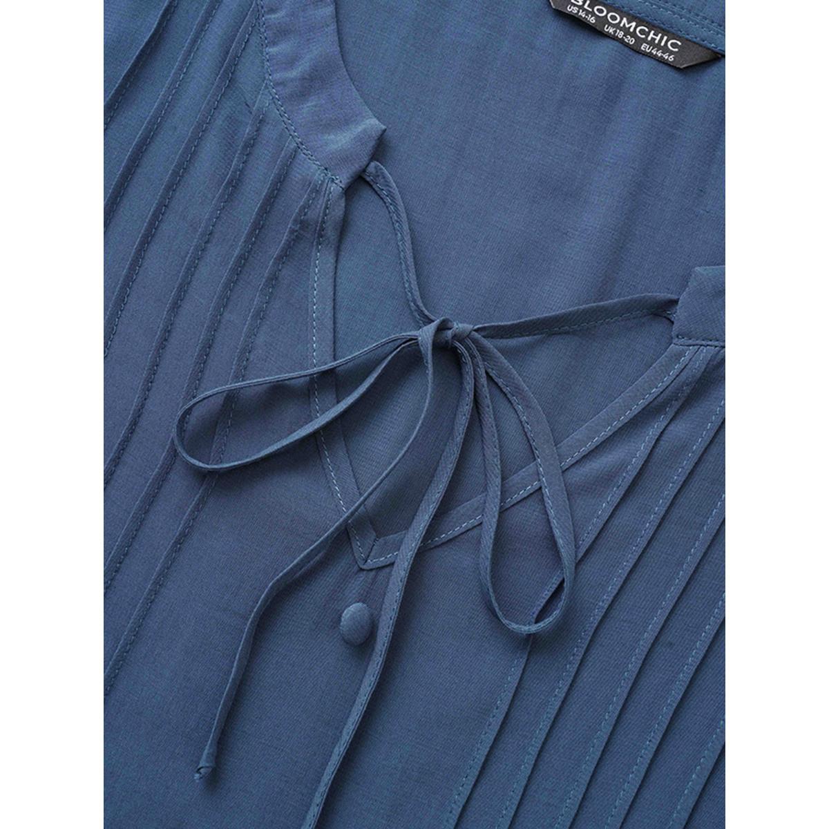 Plus Size Stone Plain Pleated Knot Neck Lantern Sleeve Blouse Women Casual Elbow-length sleeve Notched collar Everyday Blouses BloomChic 12/L Product Image