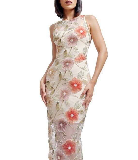 Dress the Population Helena Embroidered Lace Floral Print Crew Neck Sleeveless Sheath Midi Dress Product Image