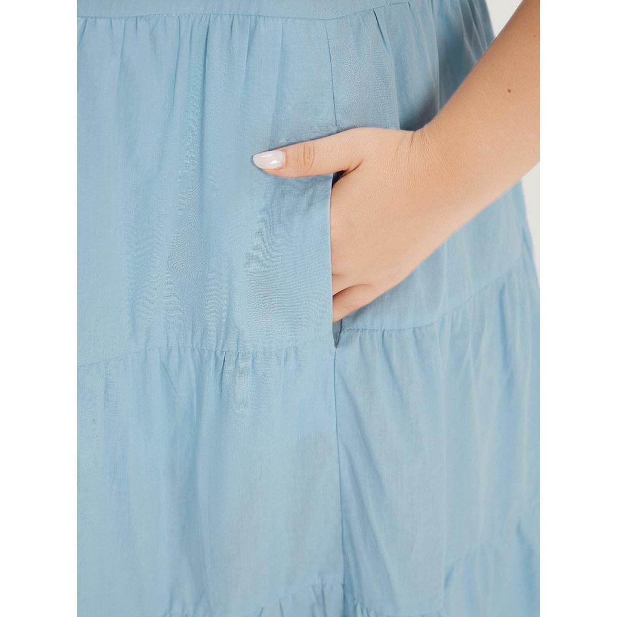 Plus Size Plain Button Through Ruffle Layered Hem Cap Sleeve Dress LightBlue Women Vacation Button V-neck Cap Sleeve Curvy Knee Dress BloomChic 18-20/2X Product Image