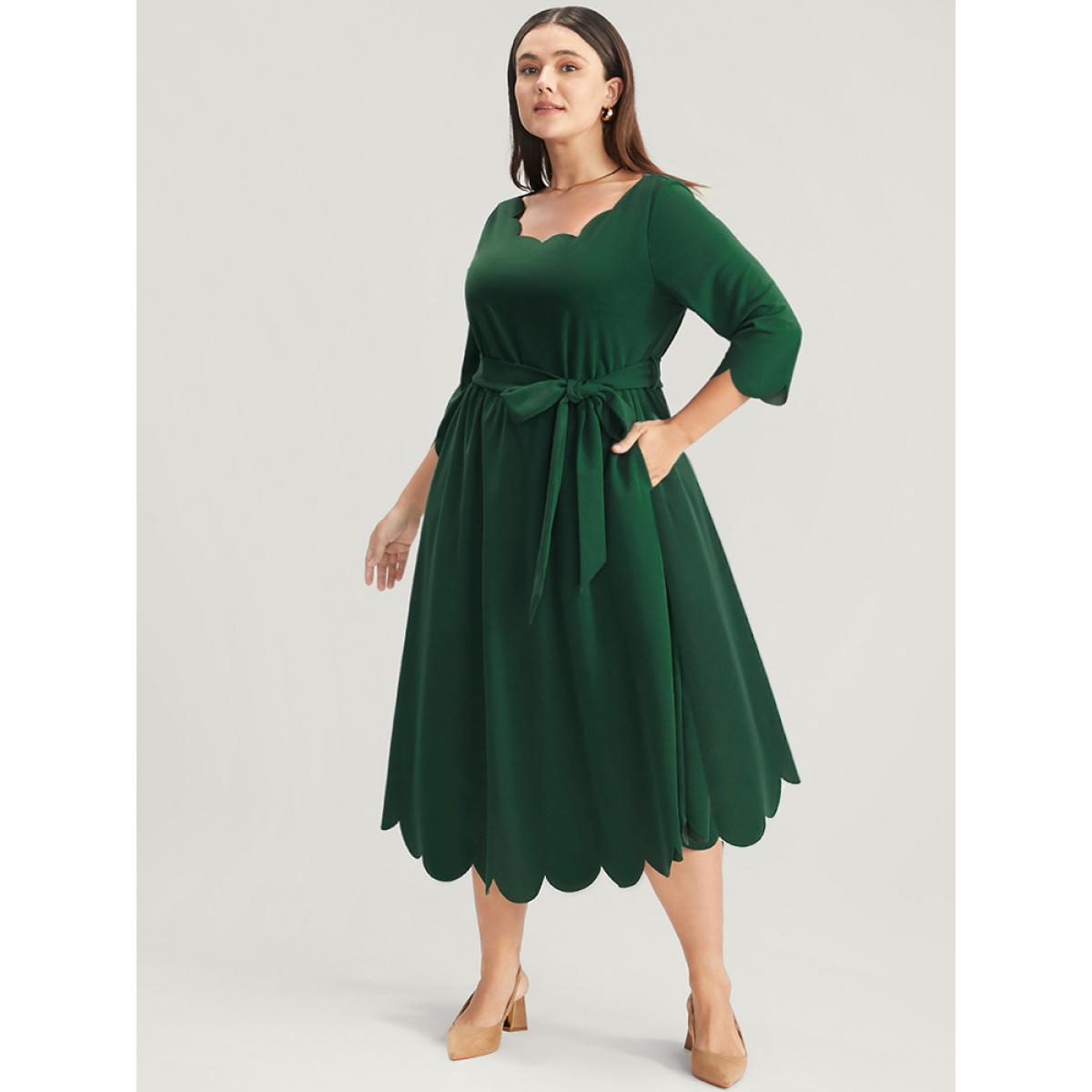 Plus Size Solid Pocket Scalloped Trim Belted Midi Dress Green Women Elegant Pocket Round Neck Elbow-length sleeve Curvy Midi Dress BloomChic 14-16/1X Product Image
