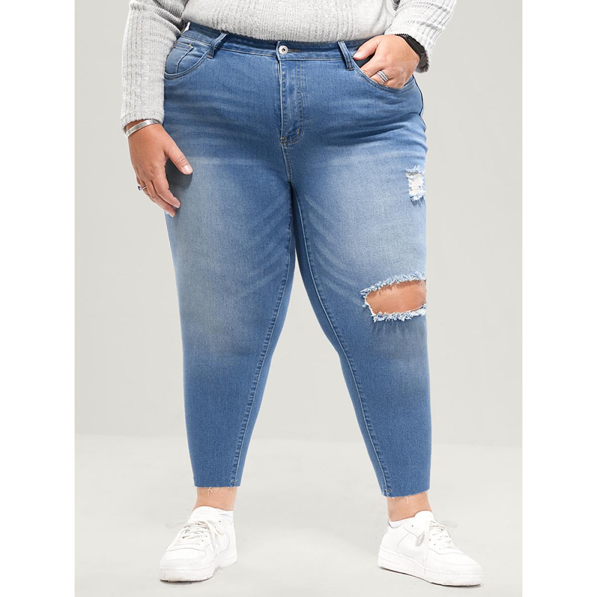 Plus Size Skinny Very Stretchy High Rise Medium Wash Distressed Jeans Women LightBlue Casual Plain High stretch Pocket Jeans BloomChic 14/1X Product Image