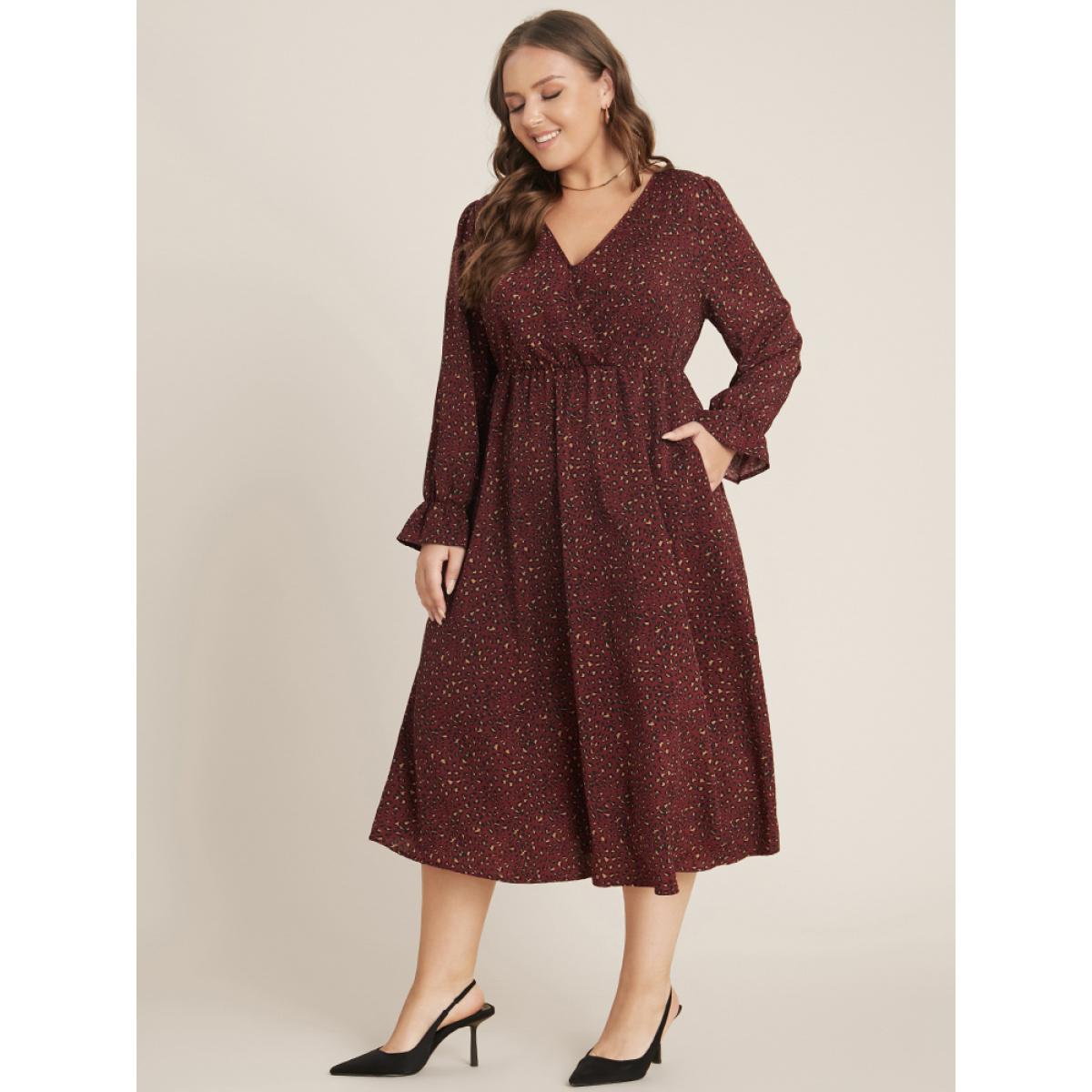 Plus Size Leopard Lantern Sleeve Pocket Wrap Midi Dress Scarlet Women Office Elastic Waist V-neck Long Sleeve Curvy Midi Dress BloomChic 10/M Product Image