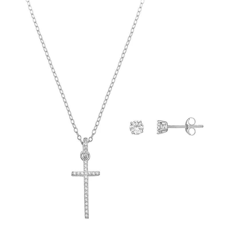 PRIMROSE Sterling Silver Cubic Zirconia Cross & Stud Earring Set, Womens, White Product Image