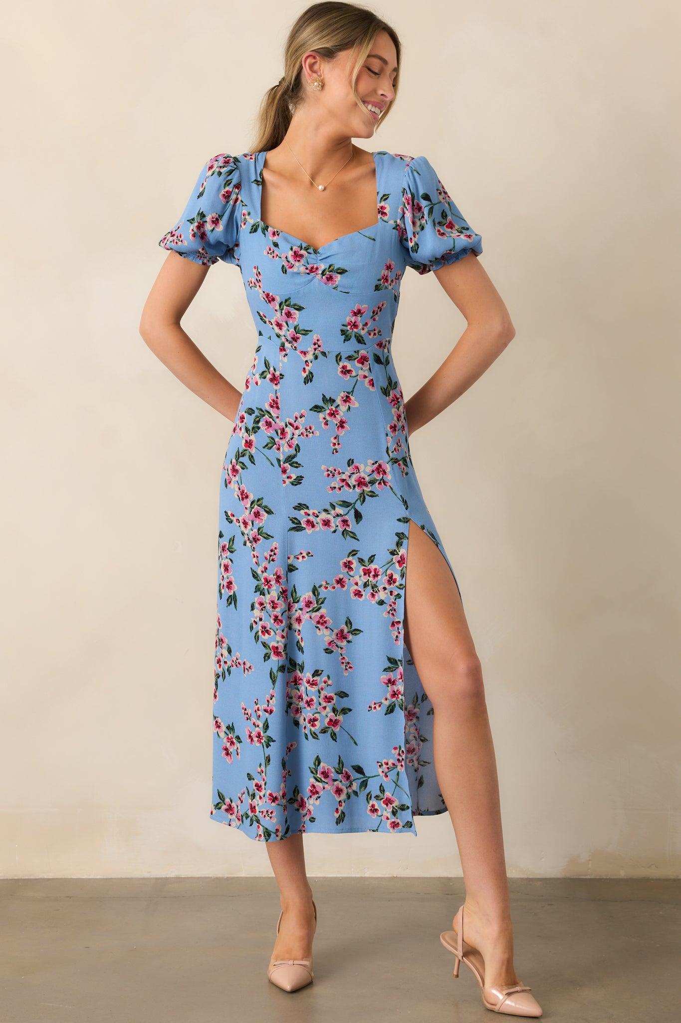 All Eyes On You Ash Blue Floral Puff Sleeve Midi Dress Product Image