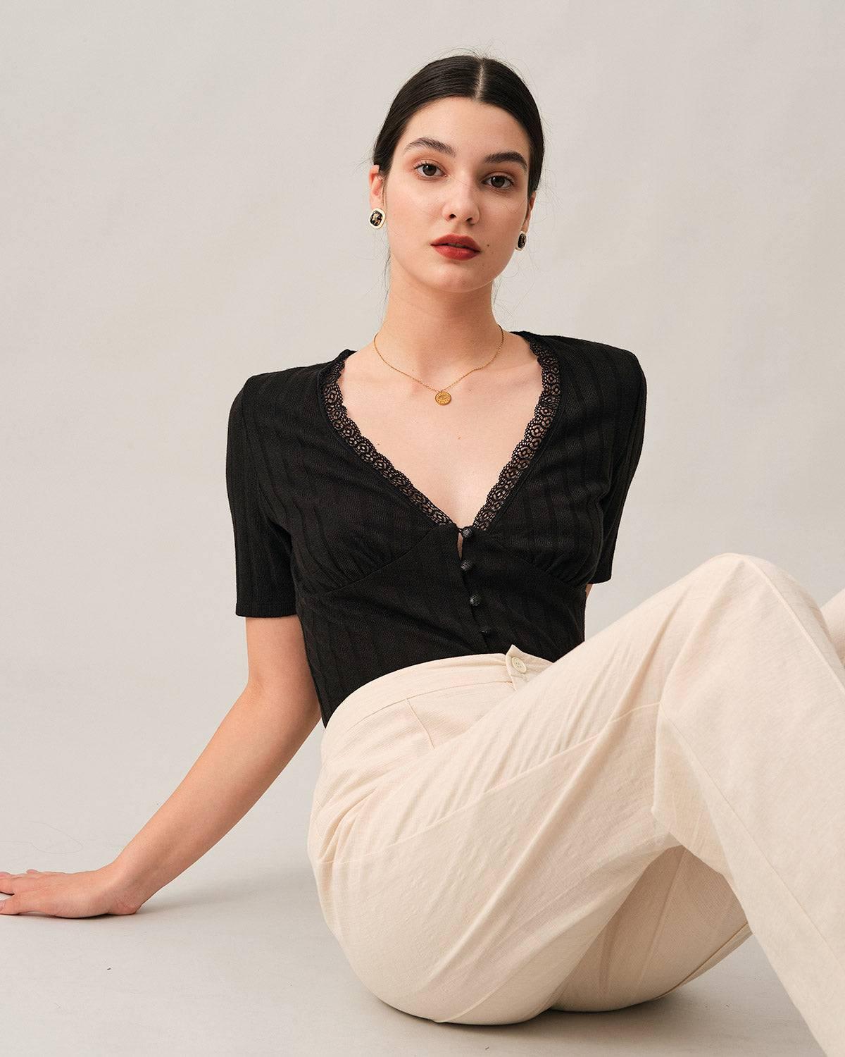 The Ribbed Lace Trim Tee Female Product Image