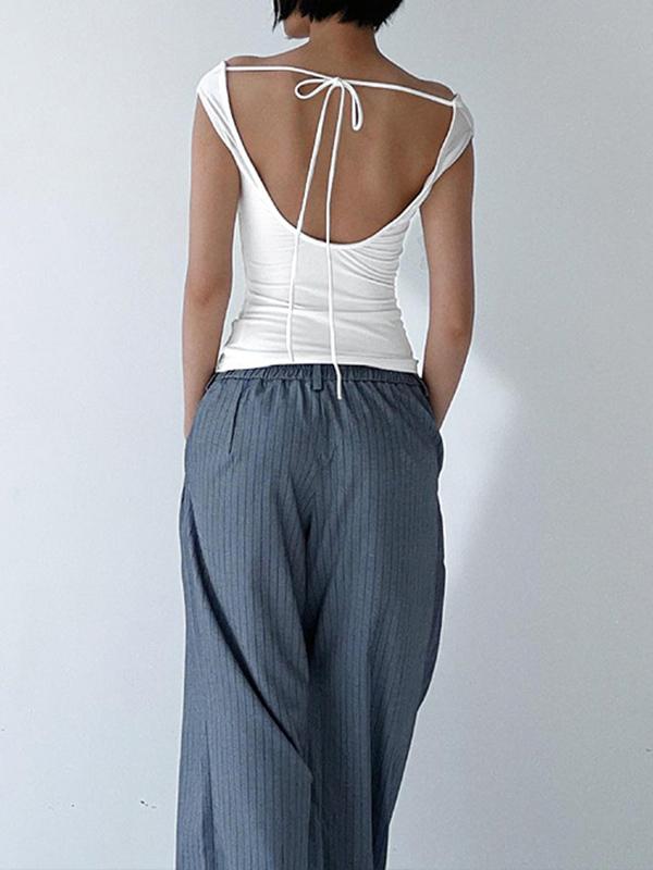 Skinny Sleeveless Backless Solid Color Split-Joint Tied Off-The-Shoulder T-Shirts Tops Product Image