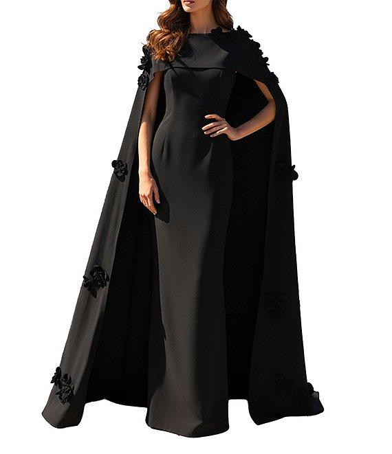 Terani Couture Crepe Cape Overlay 3D Floral Applique Sheath Dress Product Image