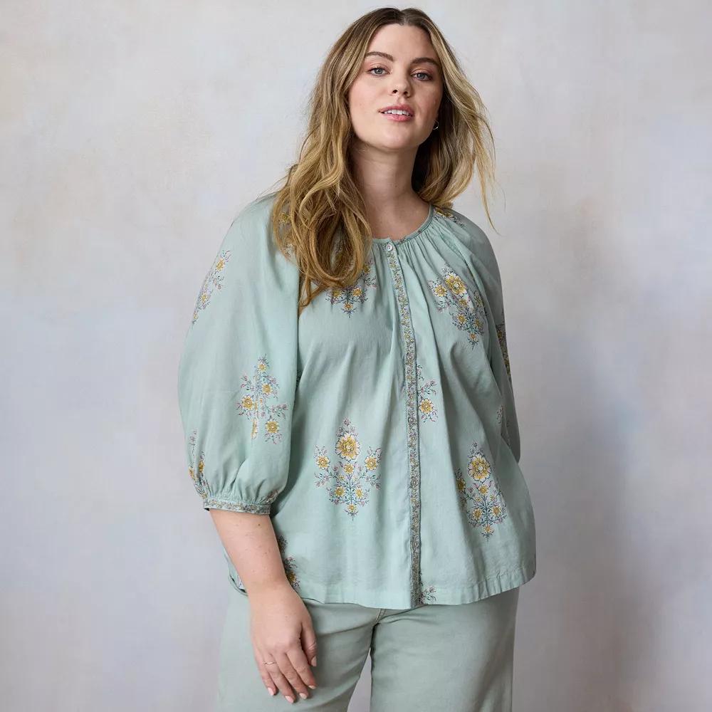 Plus Size LC Lauren Conrad Raglan Sleeve Button Front Peasant Top, Women's, Size: 1XL, Green Lexi Wallpaper Product Image