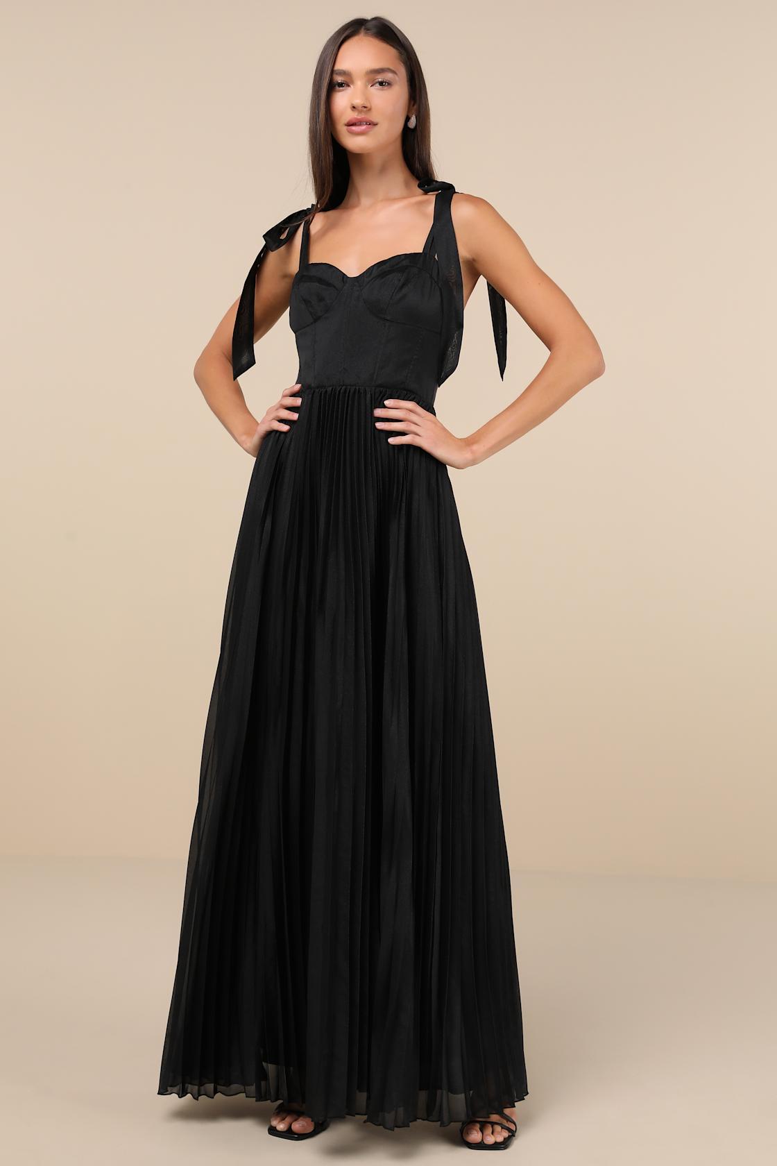 Attentive Elegance Black Tie-Strap Bustier Pleated Maxi Dress Product Image