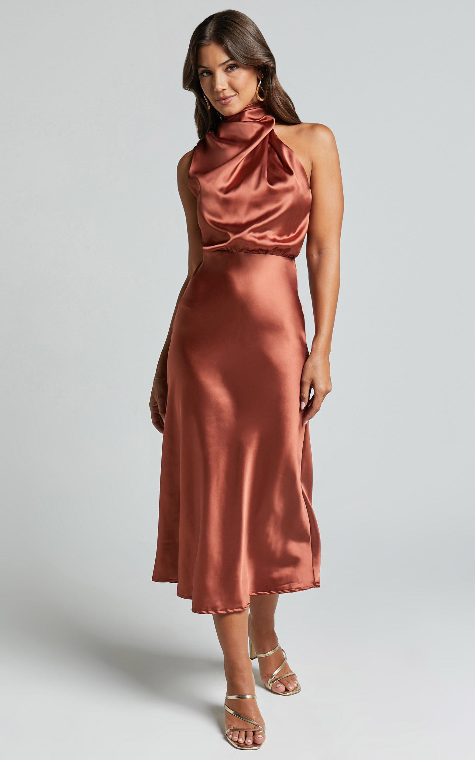 Minnie Midi Dress - Drape Neck Satin Slip Dress in Copper Product Image