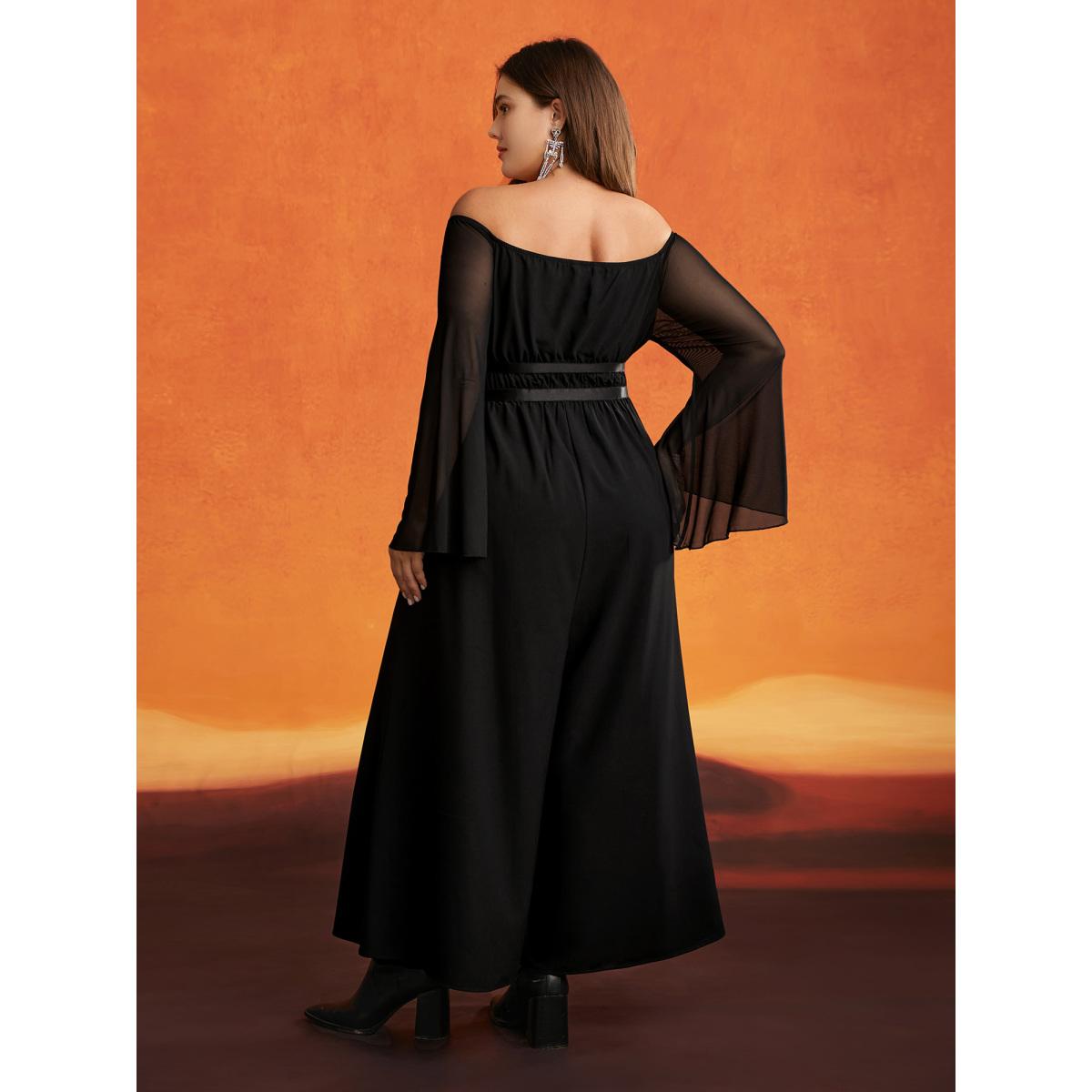 Plus Size Black Wicked Witch Leather Belt Off-Shoulder Jumpsuit Women Cocktail Extra Long Sleeve One-shoulder neck Party Loose Jumpsuits BloomChic 12/L Product Image