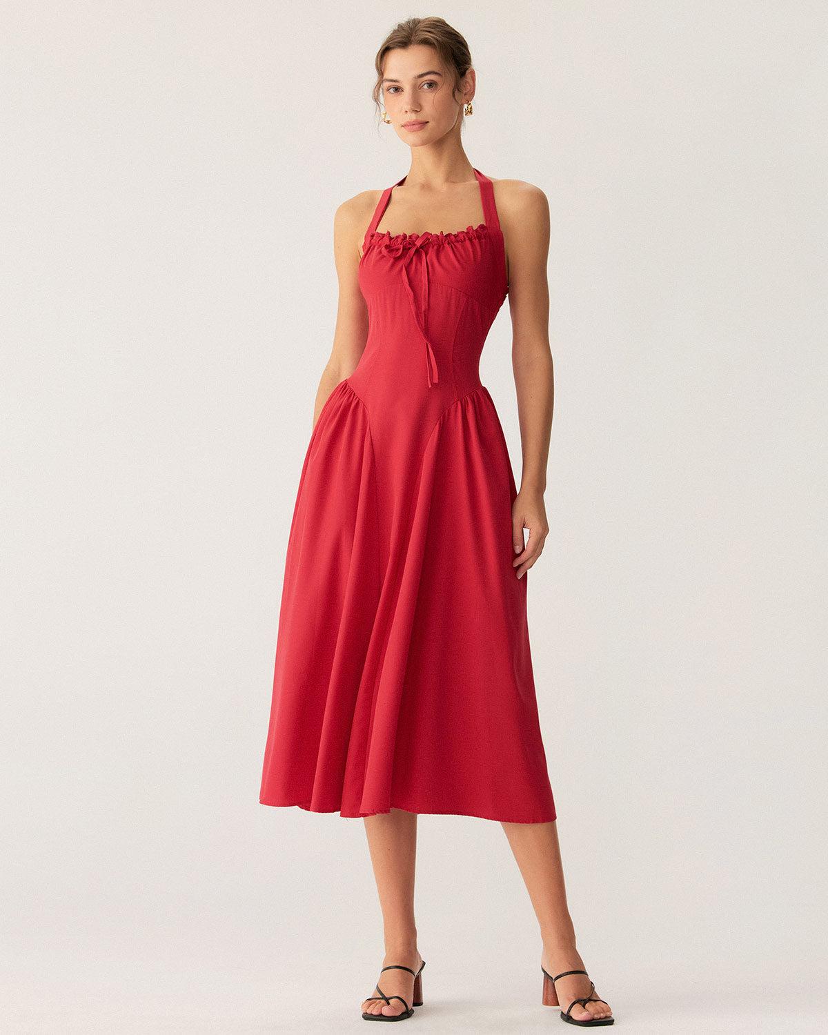 Red Ruched Halter Midi Dress Product Image