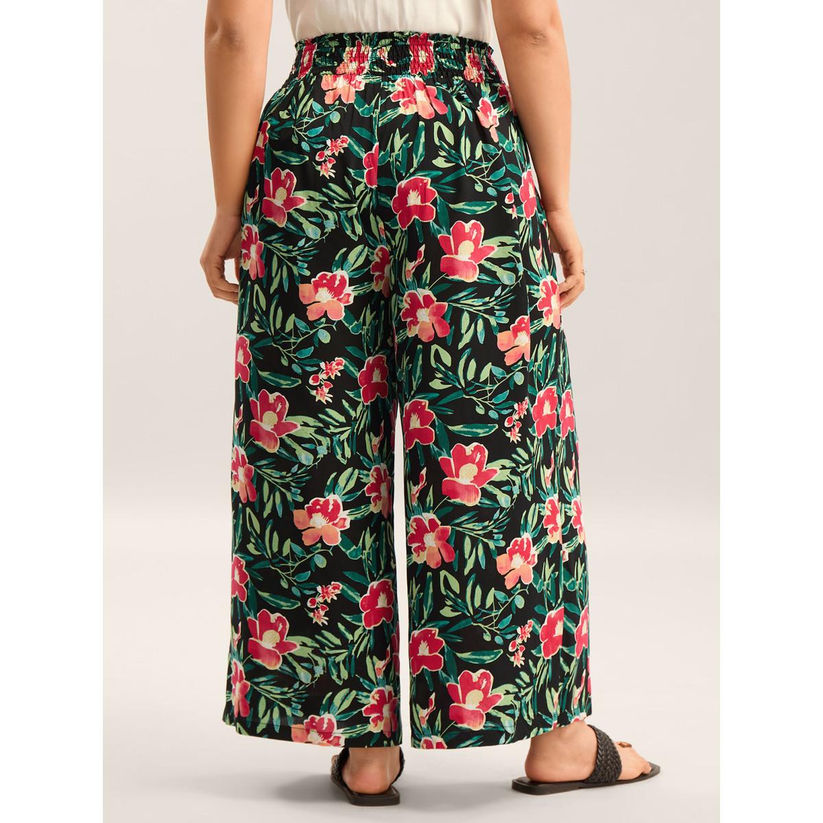Plus Size Rayon Tropical Floral Print Shirred Wide-Leg Pants Women BlackFlower Resort Wide Leg Mid Rise Vacation Pants BloomChic 18-20/2X Product Image