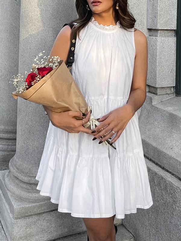 A-Line Loose Pleated Ruffled Solid Color Split-Joint Round-Neck Mini Dresses Shirt Dress Product Image