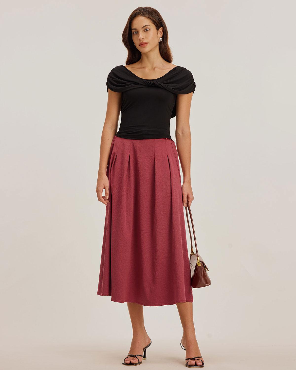 Red Belt Flared Midi Skirt Product Image