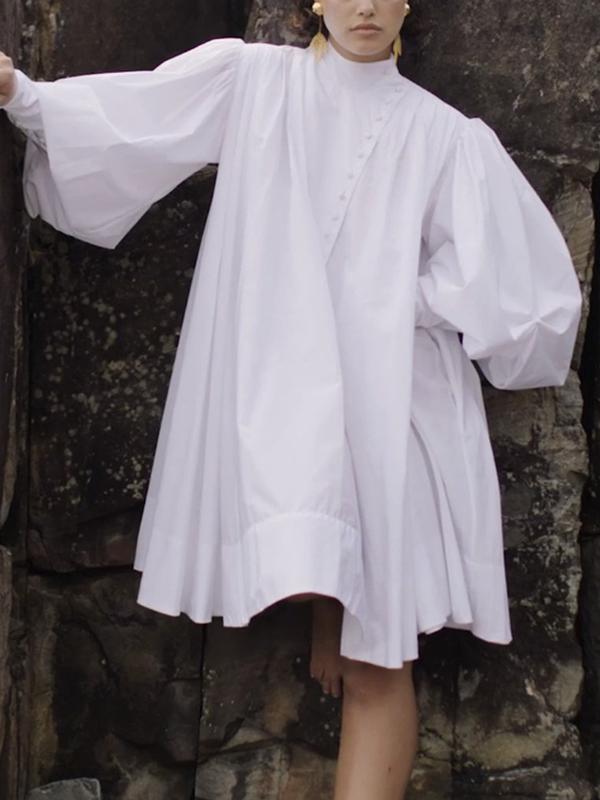 Long Sleeves Loose Buttoned Solid Color Stand Collar Mini Dresses Shirt Dress Product Image