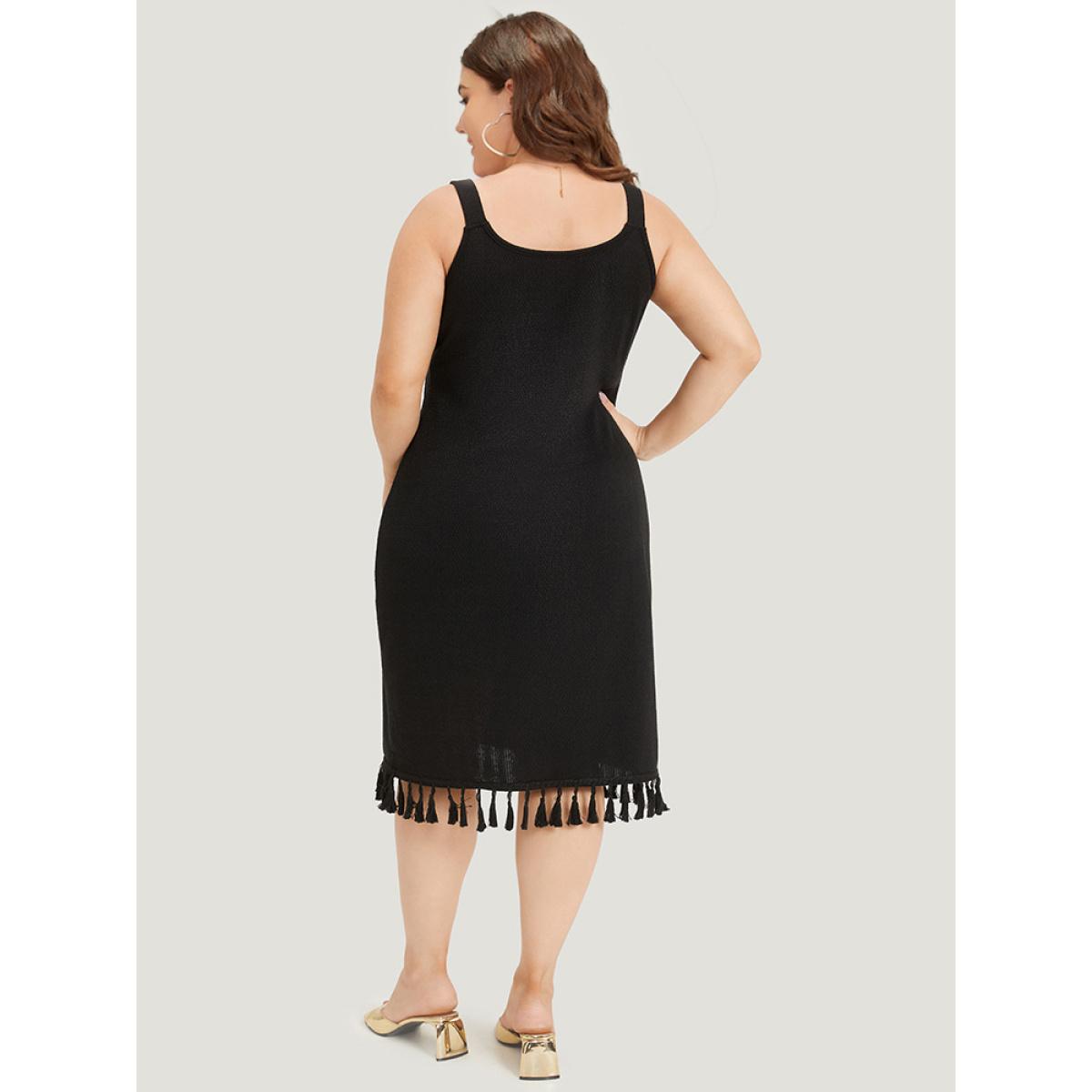 Plus Size Plain Tassel Trim Adjustable Straps Cami Dress Black Women Glamour Adjustable Straps Spaghetti Strap Sleeveless Curvy Midi Dress BloomChic 14-16/1X Product Image