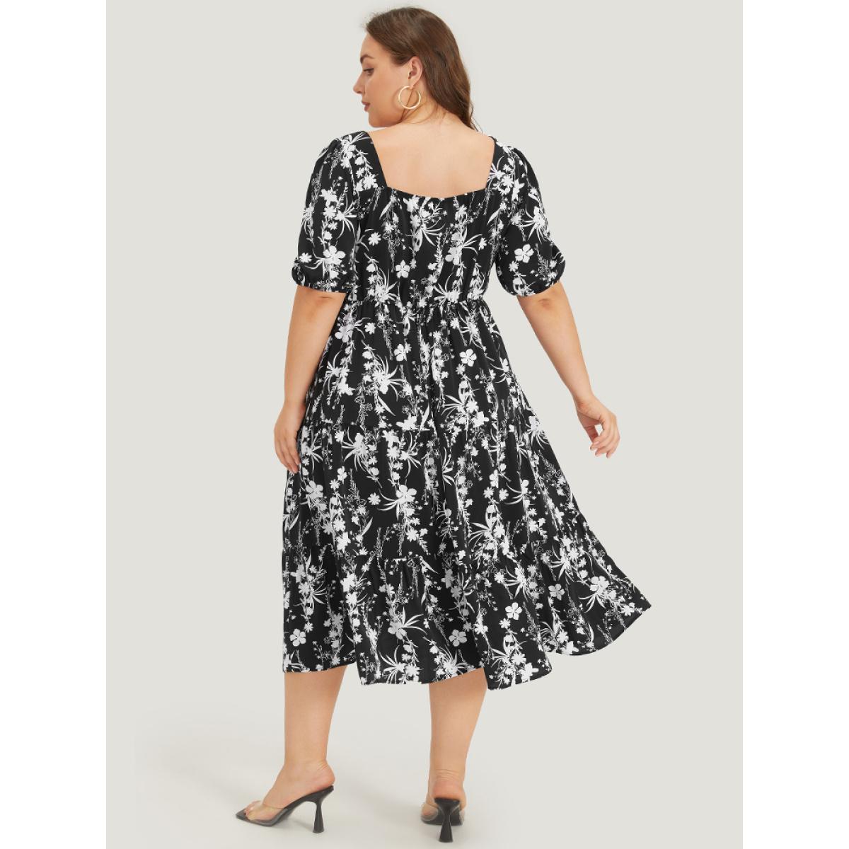 Plus Size Floral Puff Sleeve Pocket Ruched Drawstring Ruffle Dress BlackFlower Women Elegant Lined Square Neck Short sleeve Curvy Midi Dress BloomChic 28/5X Product Image