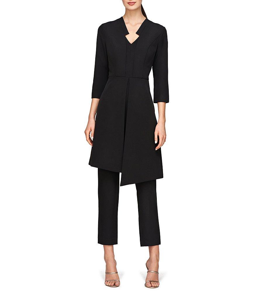 Kay Unger Colbie Stretch Crepe V-Neck 3/4 Sleeve Straight Leg Asymmetrical Jacket Jumpsuit Product Image
