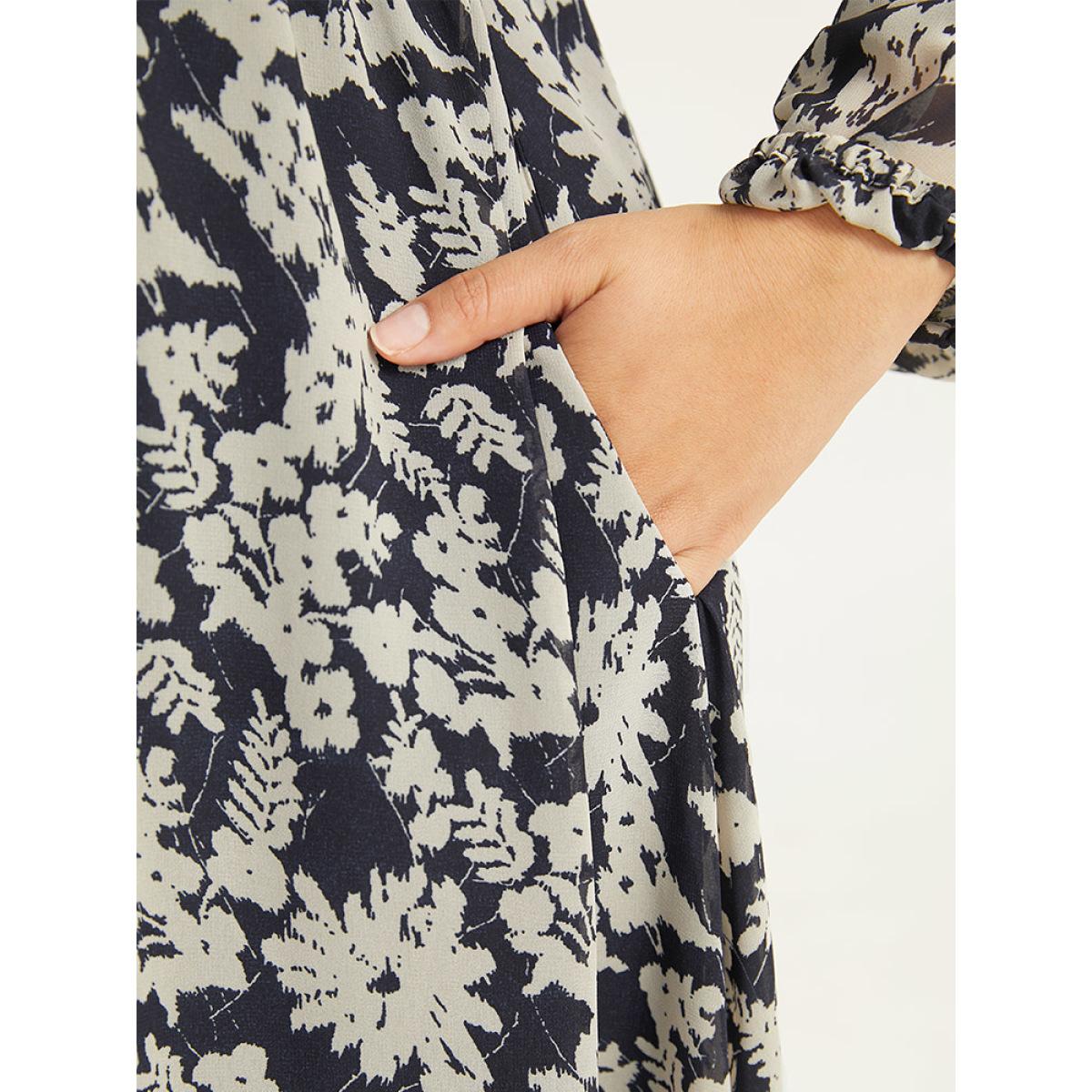Plus Size Silhouette Floral Print Lantern Sleeve Dress DarkBlue Women Elegant Elastic cuffs V-neck Long Sleeve Curvy Midi Dress BloomChic 22-24/3X Product Image
