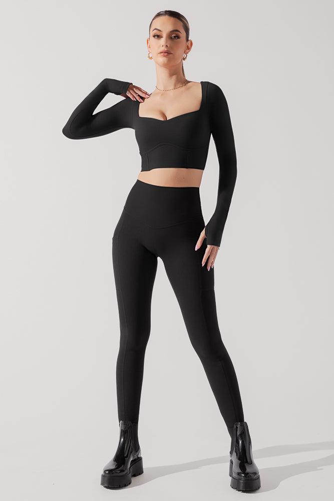 Sweetheart Long Sleeve Crop Top - Black Product Image