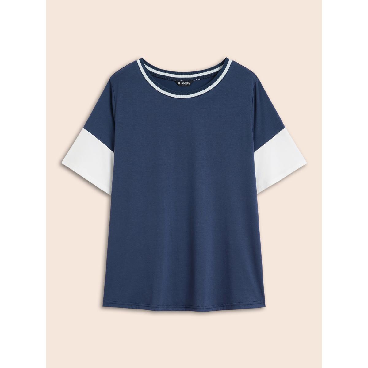 Plus Size Round Neck Contrast Patchwork T-shirt Indigo Women Casual Contrast Round Neck Everyday T-shirts BloomChic 30/6X Product Image