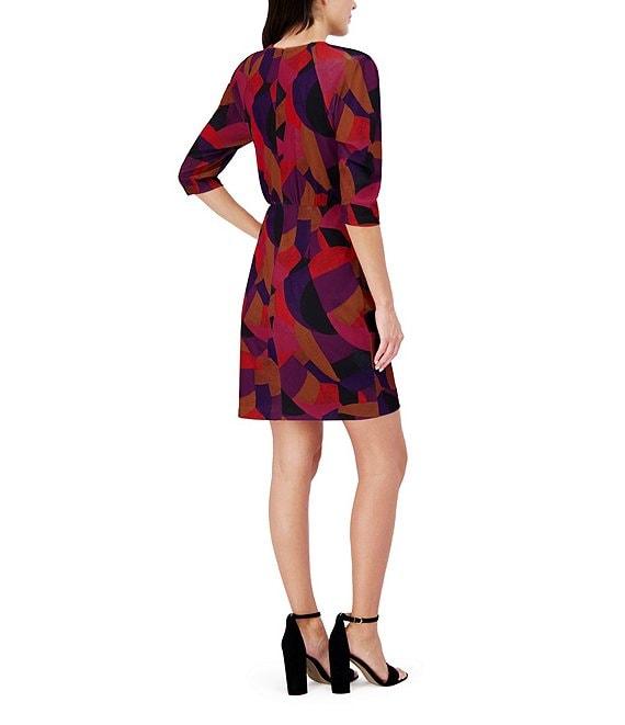 Vince Camuto Knit Geometric Print Ruched Round Neck 3/4 Sleeve Sharkbite Mini Dress Product Image
