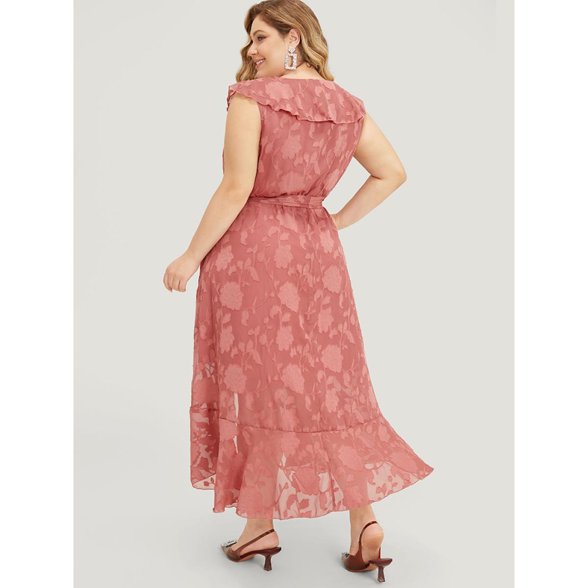 Plus Size Floral Print Ruffle Trim Wrap Belted Asymmetrical Tank Dress DustyPink Women Glamour Lined V-neck Sleeveless Curvy Midi Dress BloomChic 12/L Product Image